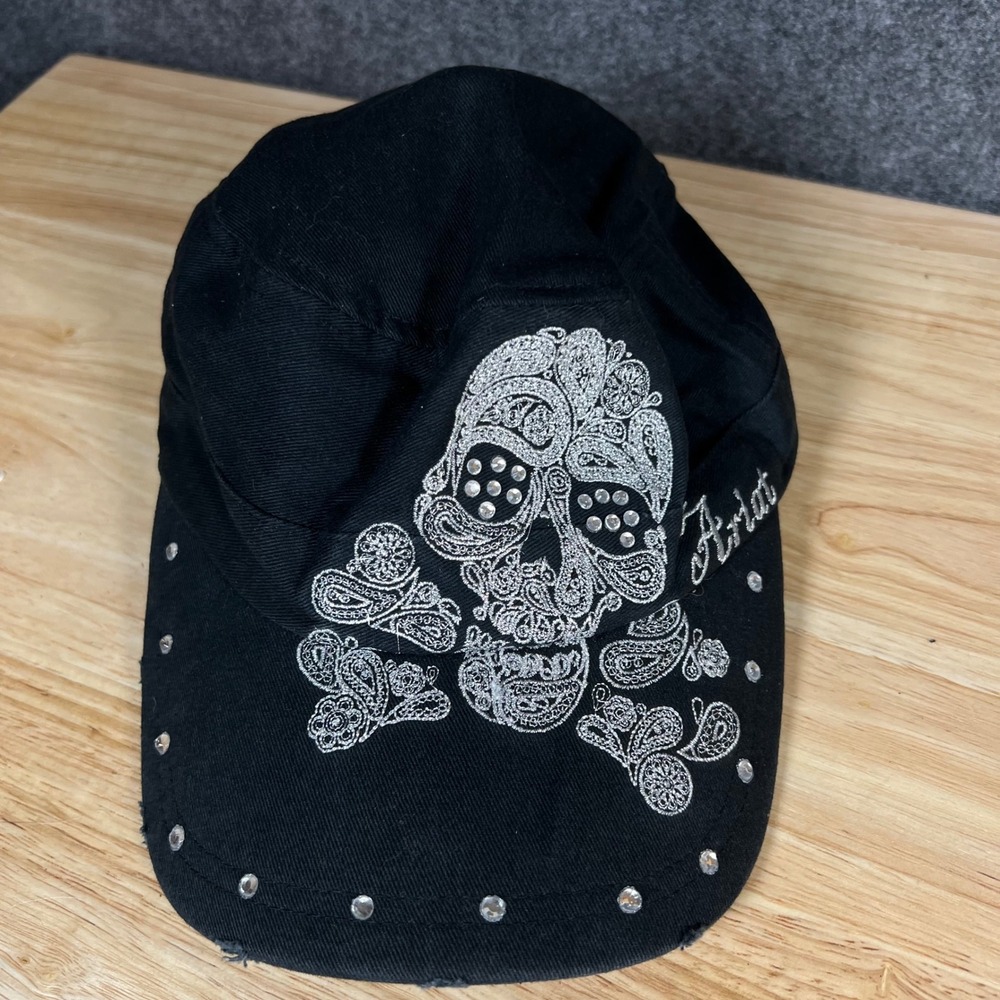 Ariat Black Cotton Cadet Hat Silver Embroidered Sugar Skull Rhinestone Distress